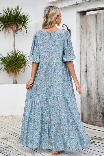 Grey Blue Floral A Line Long Summer Dress with Half Sleeves